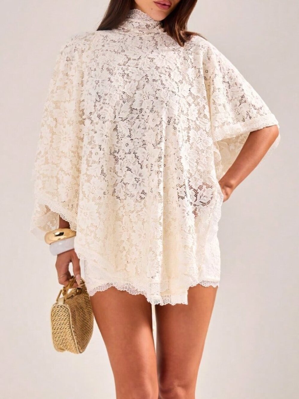 Apricot Elegant Women's High Collar Lace Tie-Up Poncho Top & Shorts Set